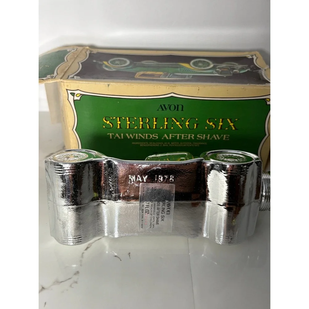 Vintage 1978 Avon Sterling Six Tai Winds After Shave Silver Car Decanter 7oz Box